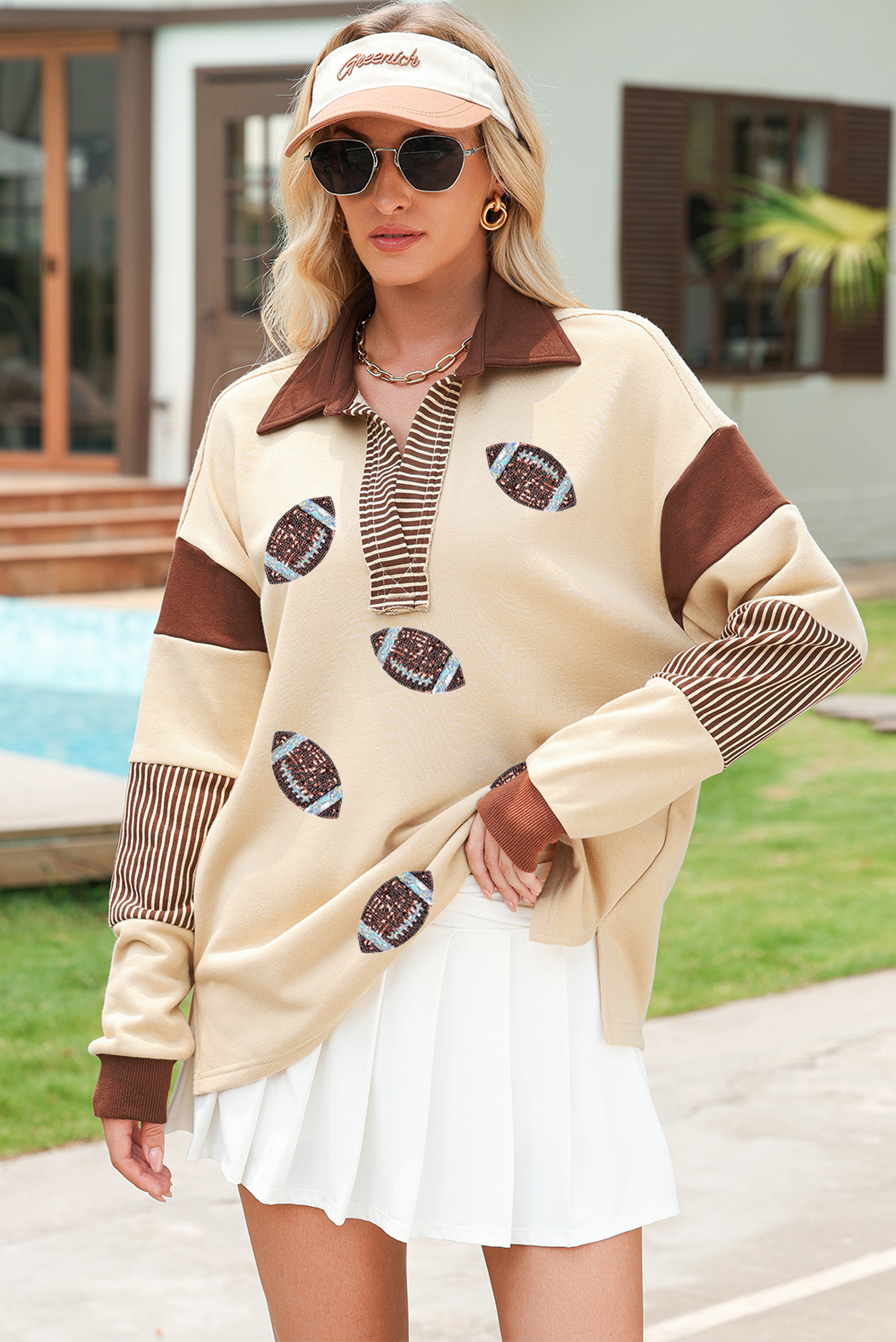 Light French Beige Football Sequins Patch Application Striped Patchwork Polo Sweatshirt