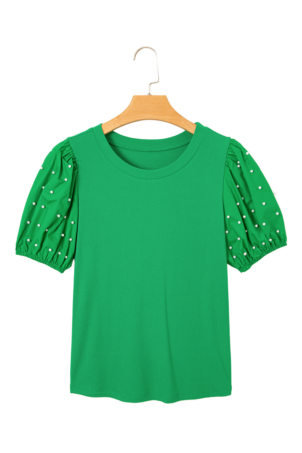 Bright Green Pearl Beaded Puff Sleeve Ribbed Top