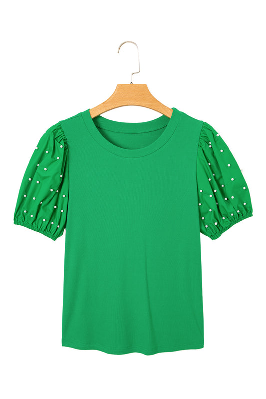 Bright Green Pearl Beaded Puff Sleeve Ribbed Top