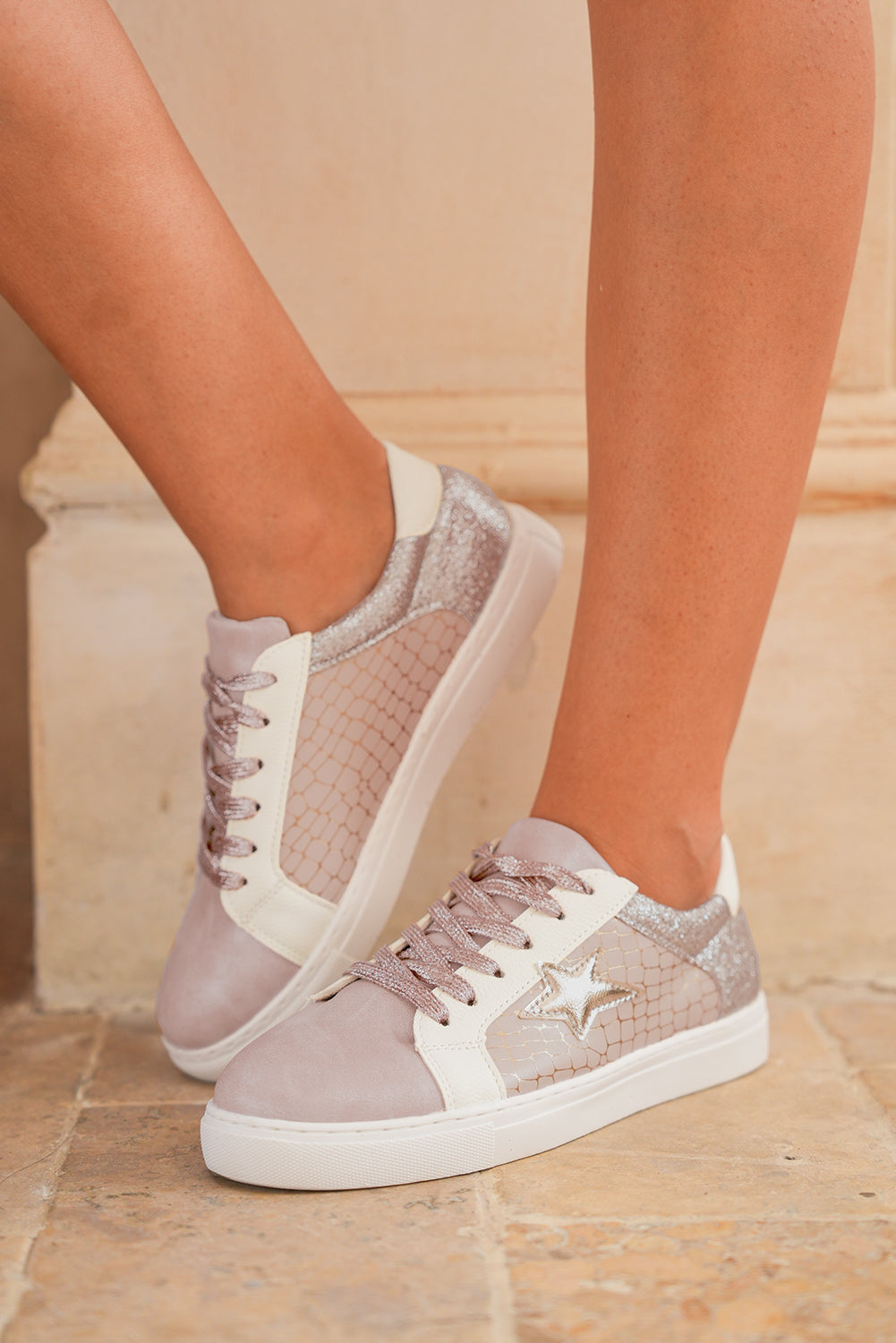 Black Glitter Star Patchwork PU Leather Lace-up Sneakers