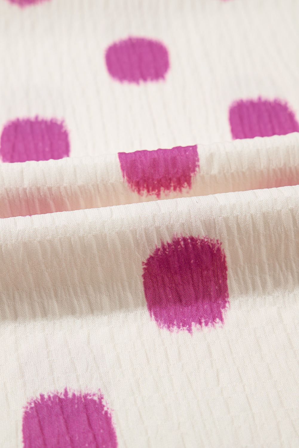 Rose Polka Dot Print Shirred Notched Neck Puff Sleeve Blouse