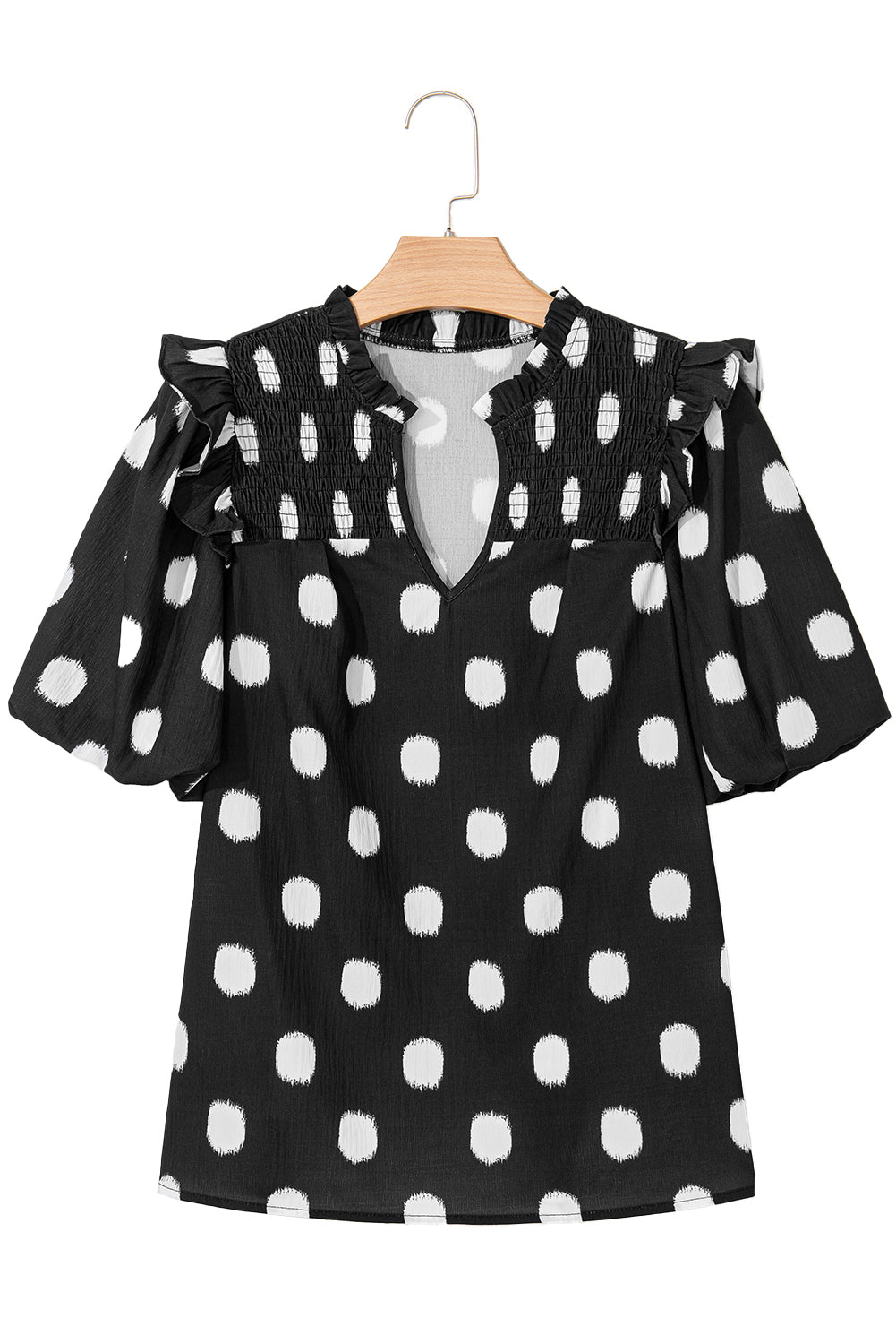 Rose Polka Dot Print Shirred Notched Neck Puff Sleeve Blouse