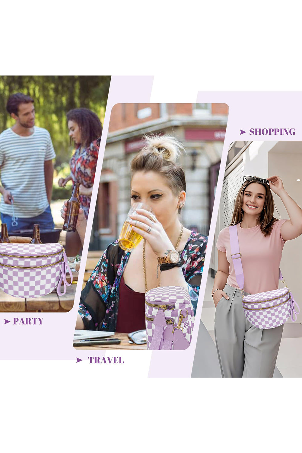 Pink Checkered Print Wide Strap Large Crossbody Bag