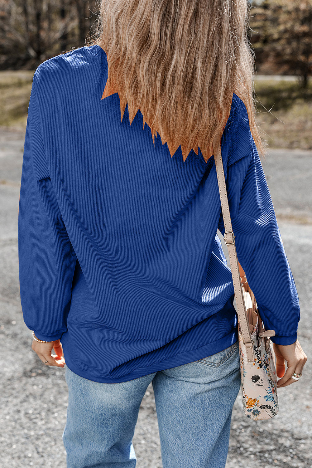 Dark Blue Ribbed Texture Football Sequins Patch Sweatshirt