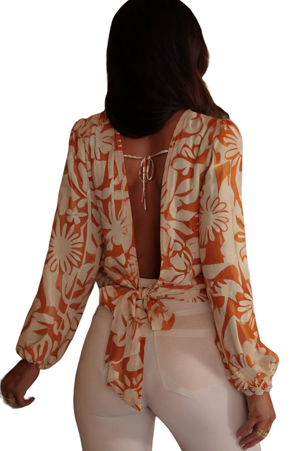 Orange Floral Print Knotted Backless Long Sleeve Blouse