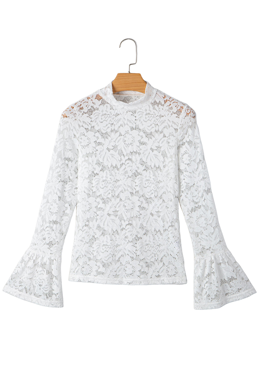 White Lace Crochet Bell Sleeve Mock Neck Blouse