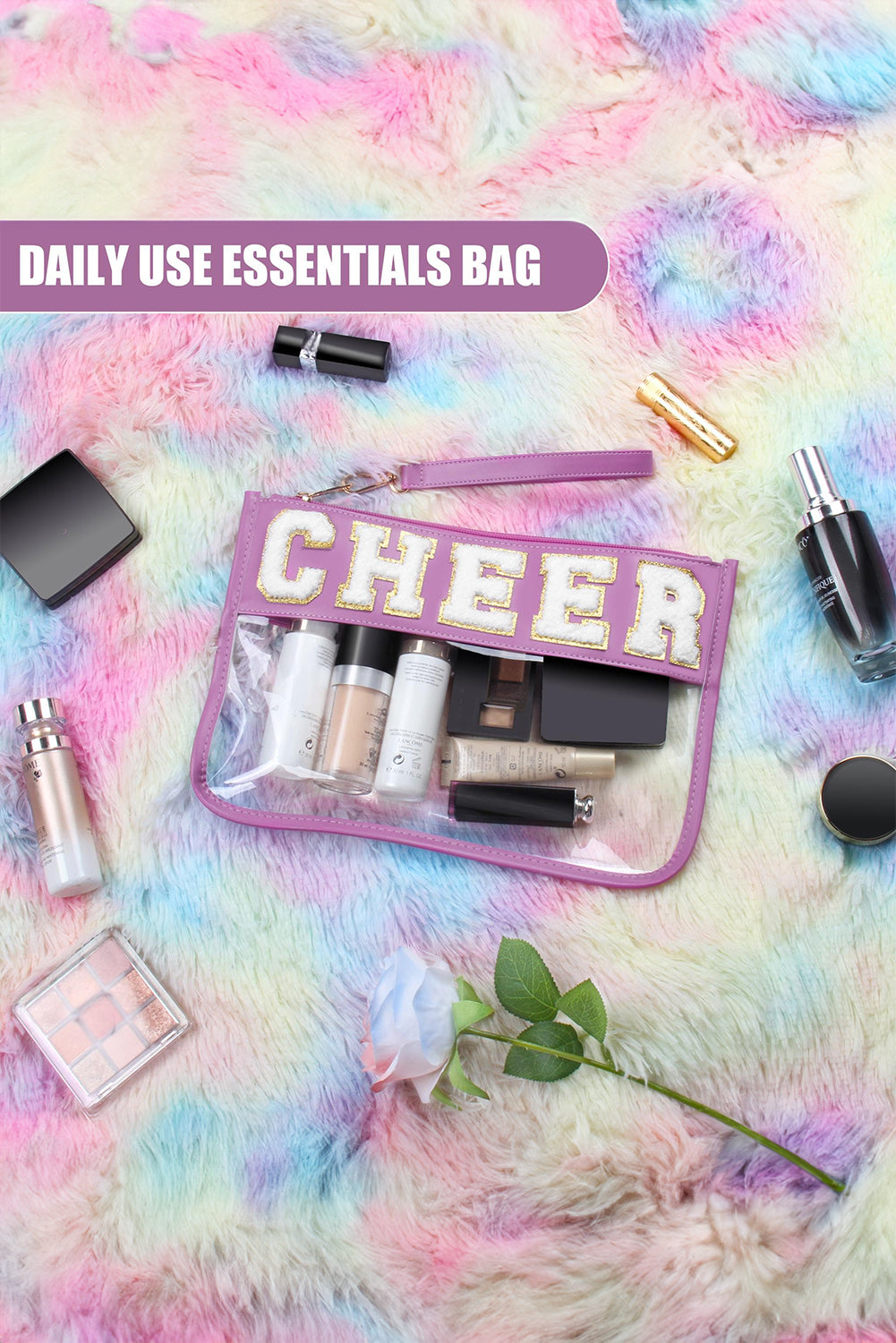 Bright Pink CHEER Chenille Letter Zipper Varsity Clear Makeup Bag