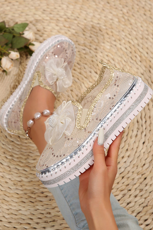 White Sequin Bow Thick Sole Casual Shoes