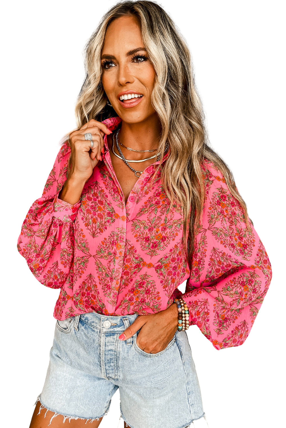 Black Floral Print Collared Button Up Puff Sleeve Shirt
