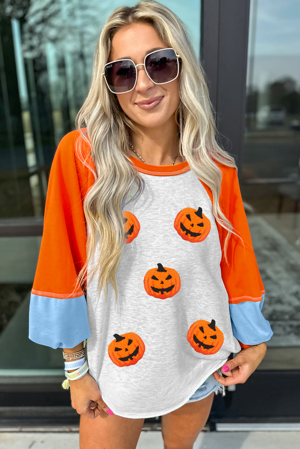 Light Grey Chenille Halloween Pumpkin Terry Flocking Long Sleeve Top