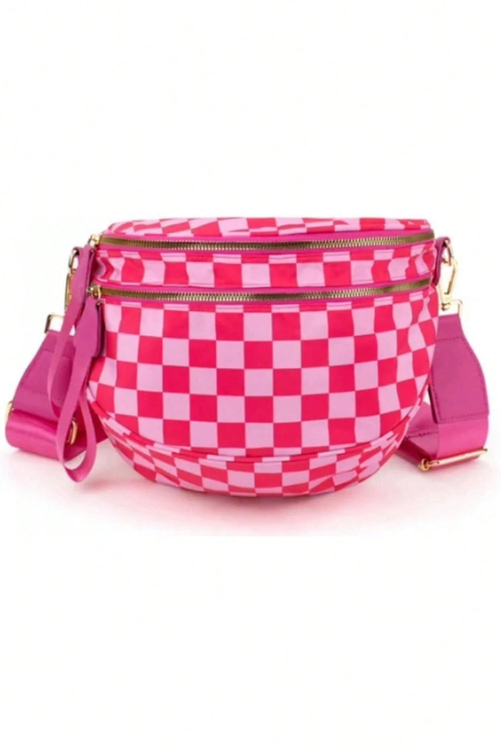 Pink Checkered Print Wide Strap Large Crossbody Bag