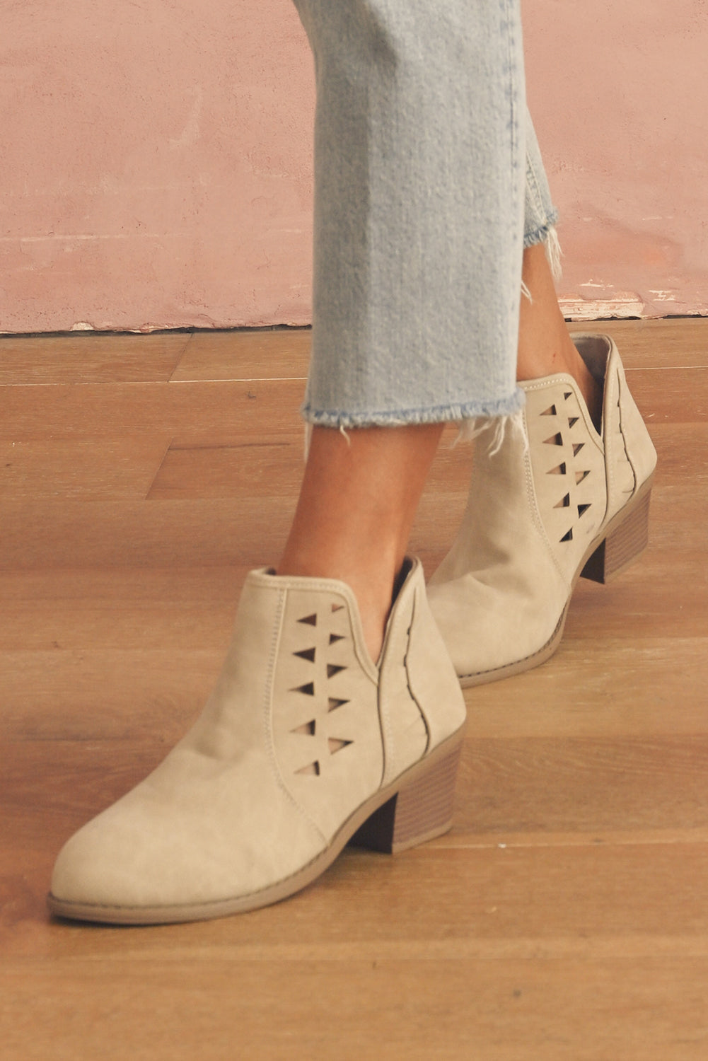 Parchment Cut Out Suede Pointed Toe Heeled Ankle Boots
