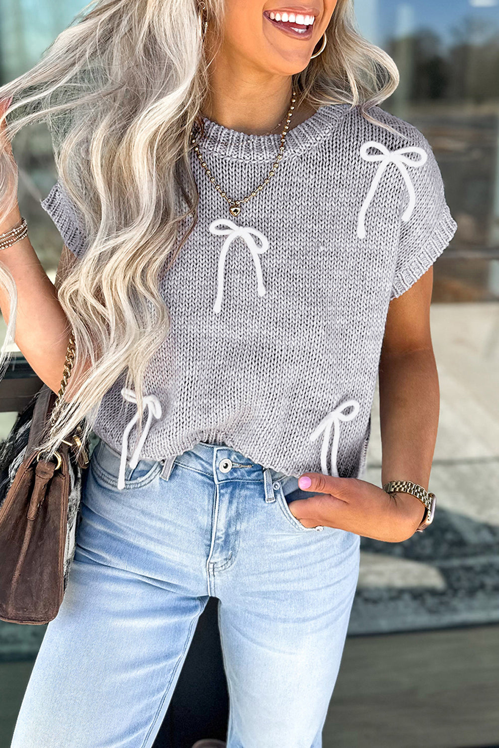 Light Grey Bowknot Applique Cap Sleeve Sweater
