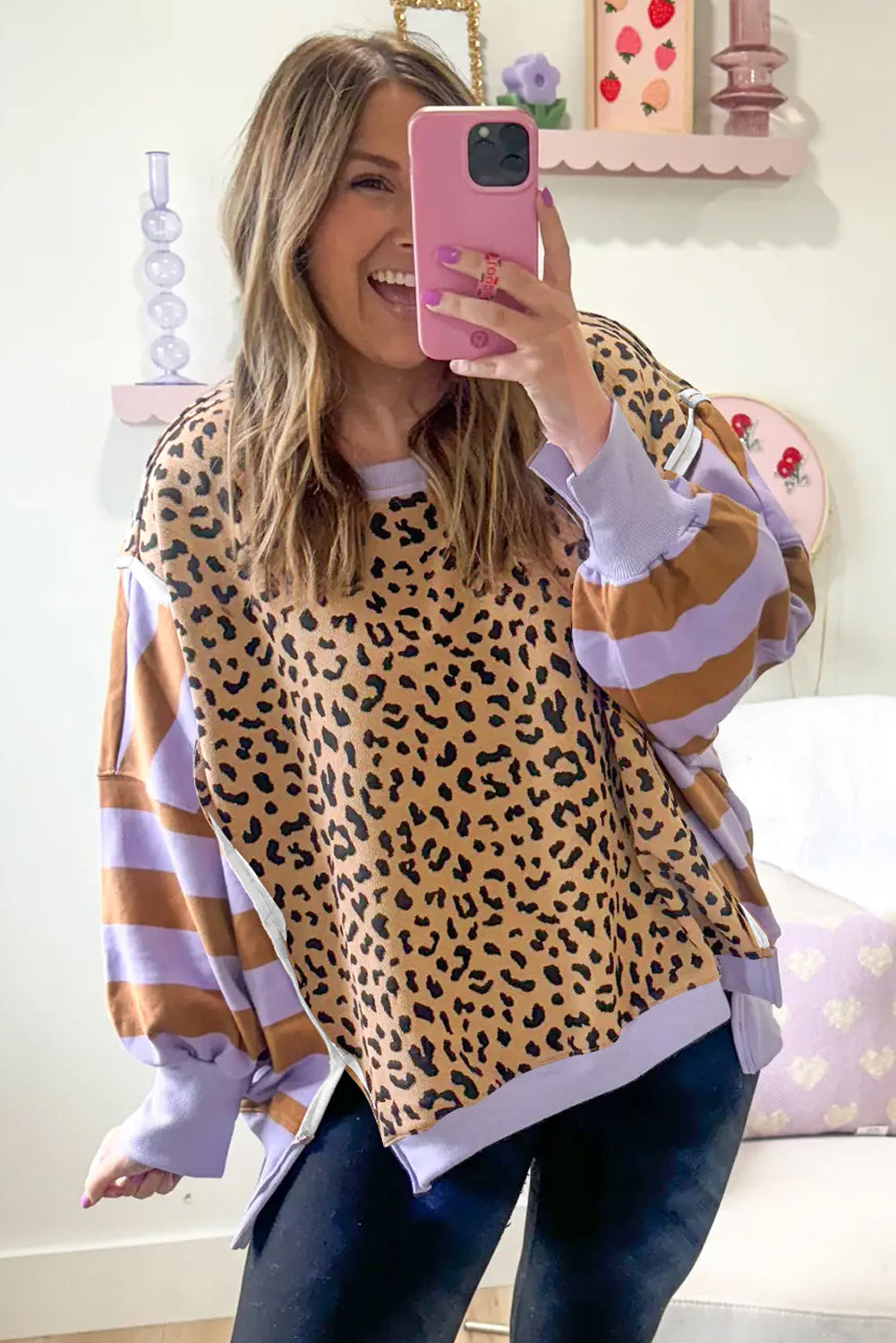 Khaki Striped Leopard Colorblock Side Slits Sweatshirt