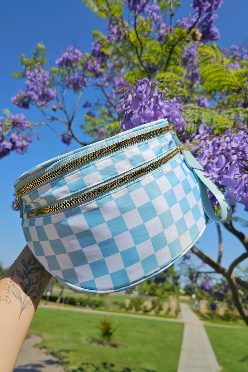 Pink Checkered Print Wide Strap Large Crossbody Bag