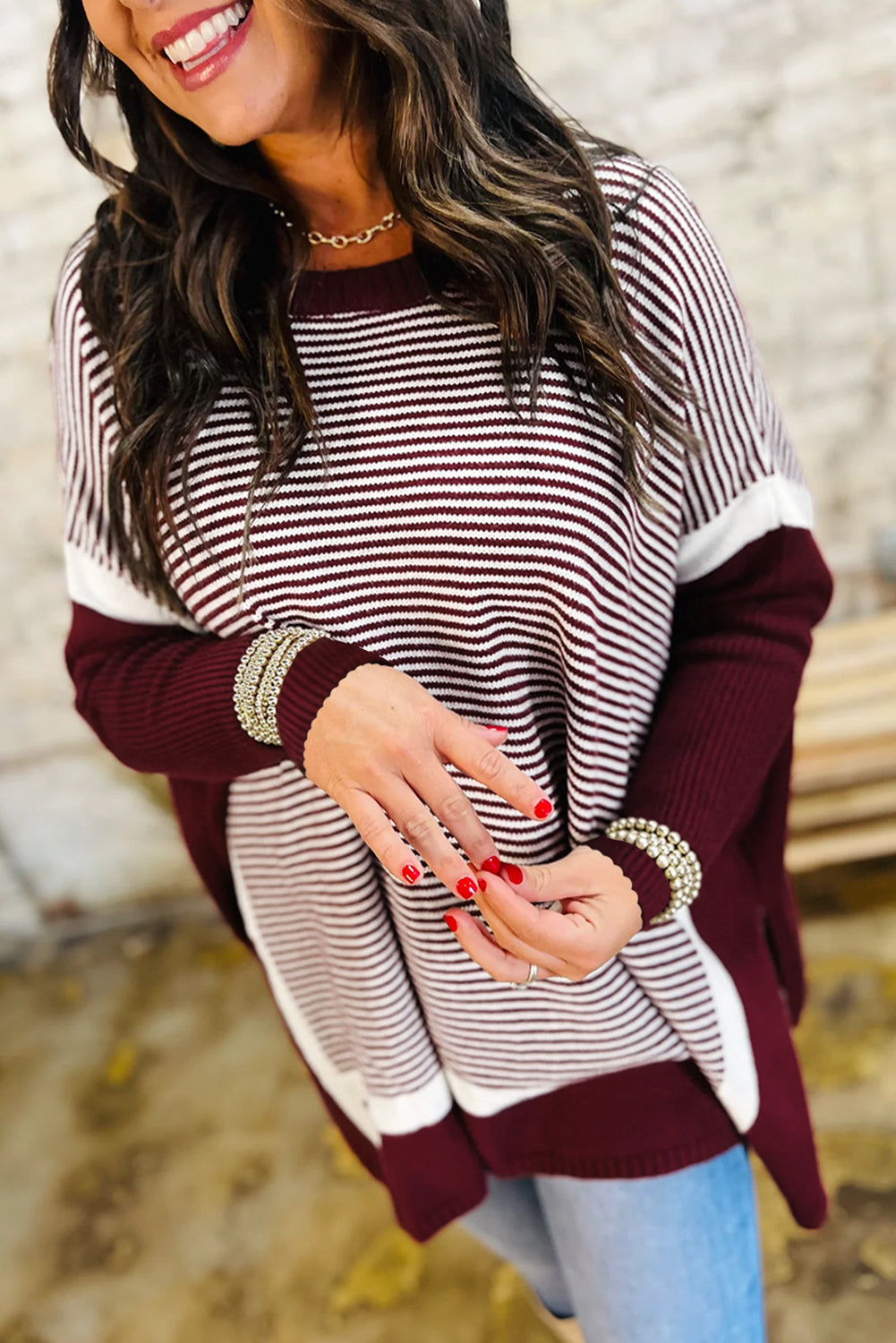 Red Stripe Colorblock Patchwork Dolman Oversize Tunic Sweater