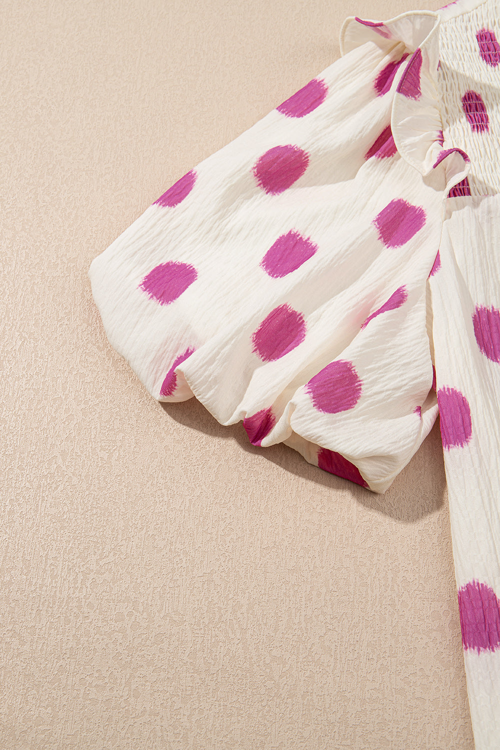 Rose Polka Dot Print Shirred Notched Neck Puff Sleeve Blouse