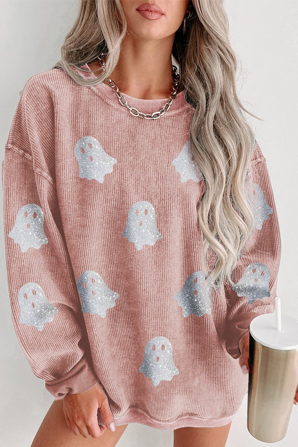 Black Halloween Ghost Corded Crew Neck Loose Sweatshirt