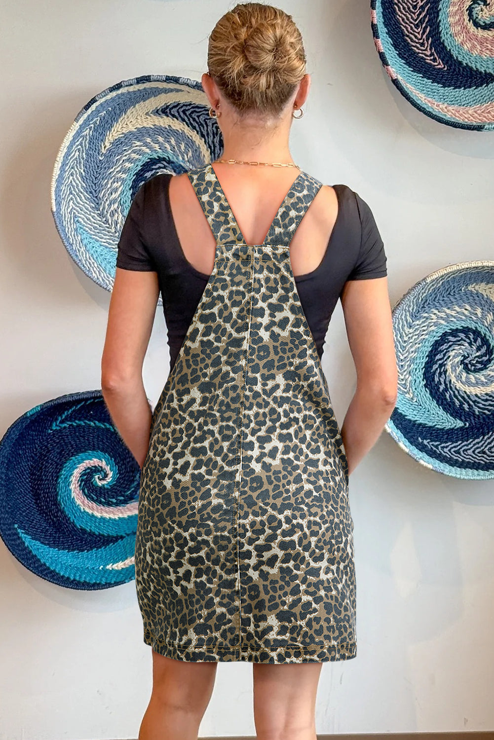 Gray Leopard Print Pocketed Loose Fit Denim Overall Dress