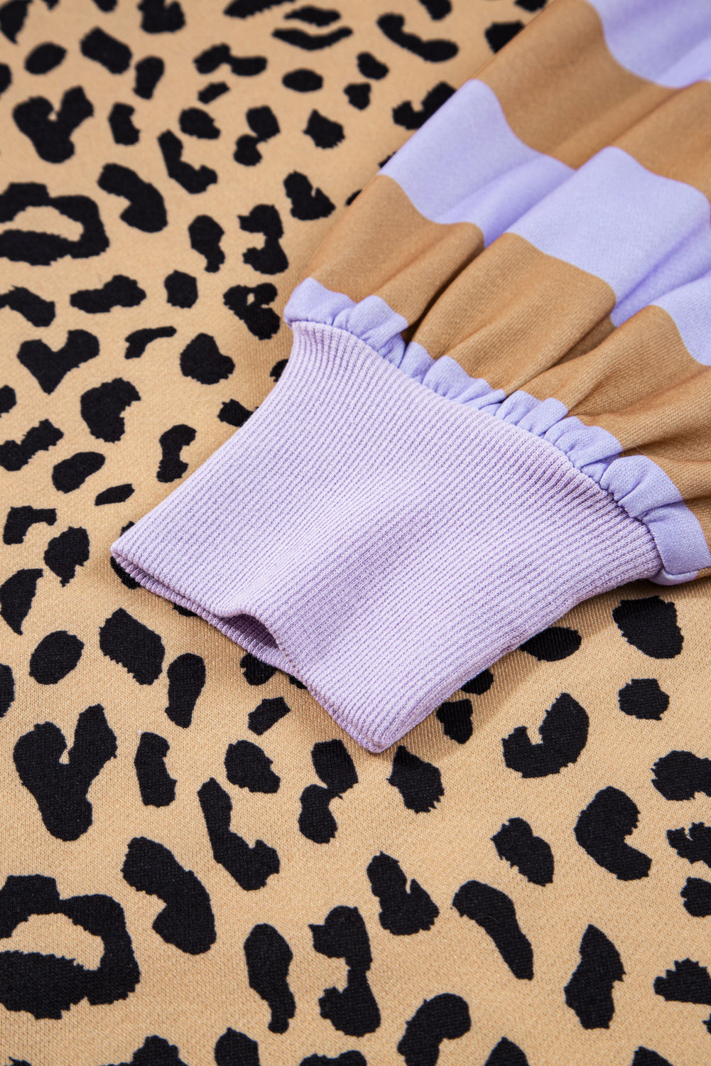 Khaki Striped Leopard Colorblock Side Slits Sweatshirt