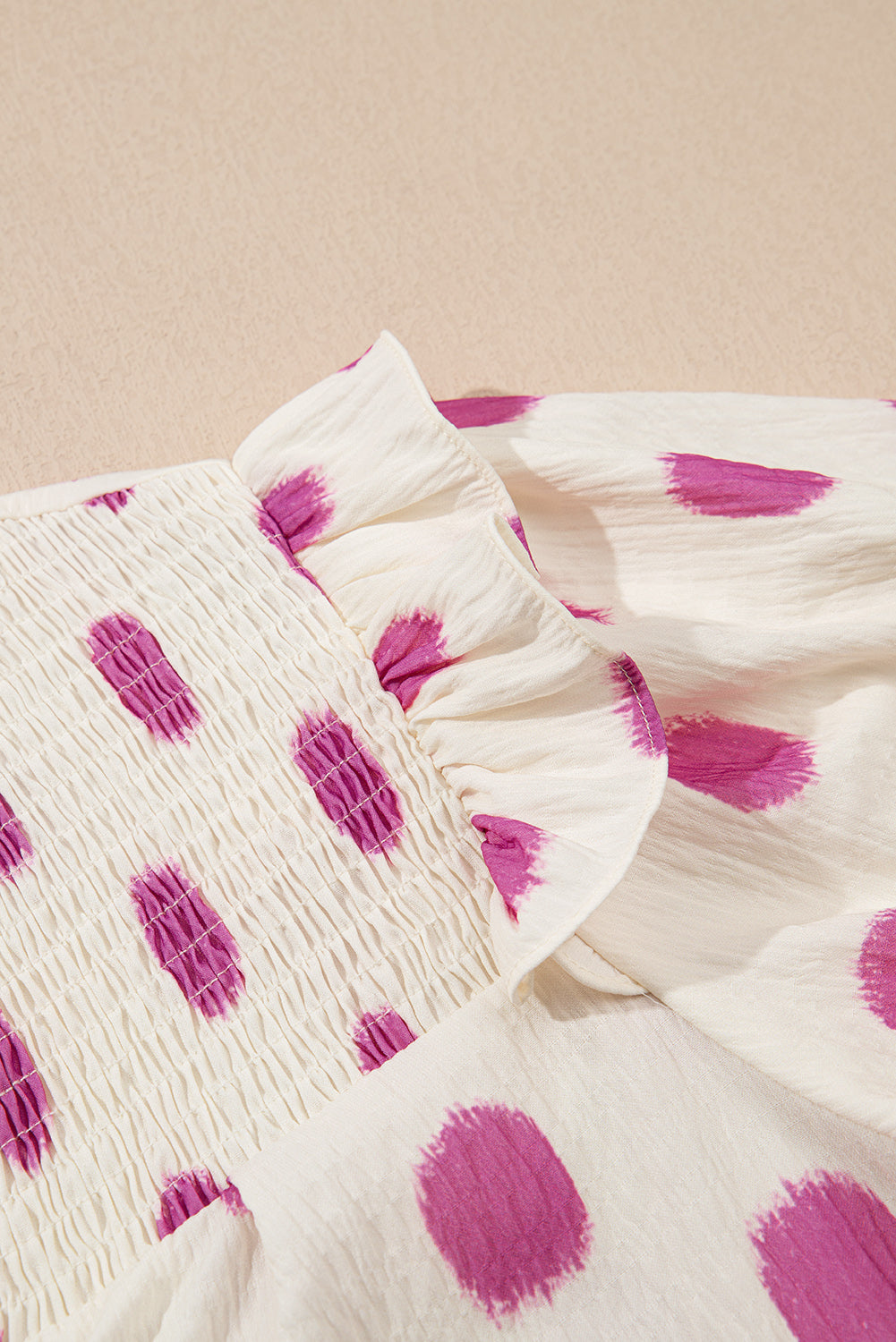 Rose Polka Dot Print Shirred Notched Neck Puff Sleeve Blouse