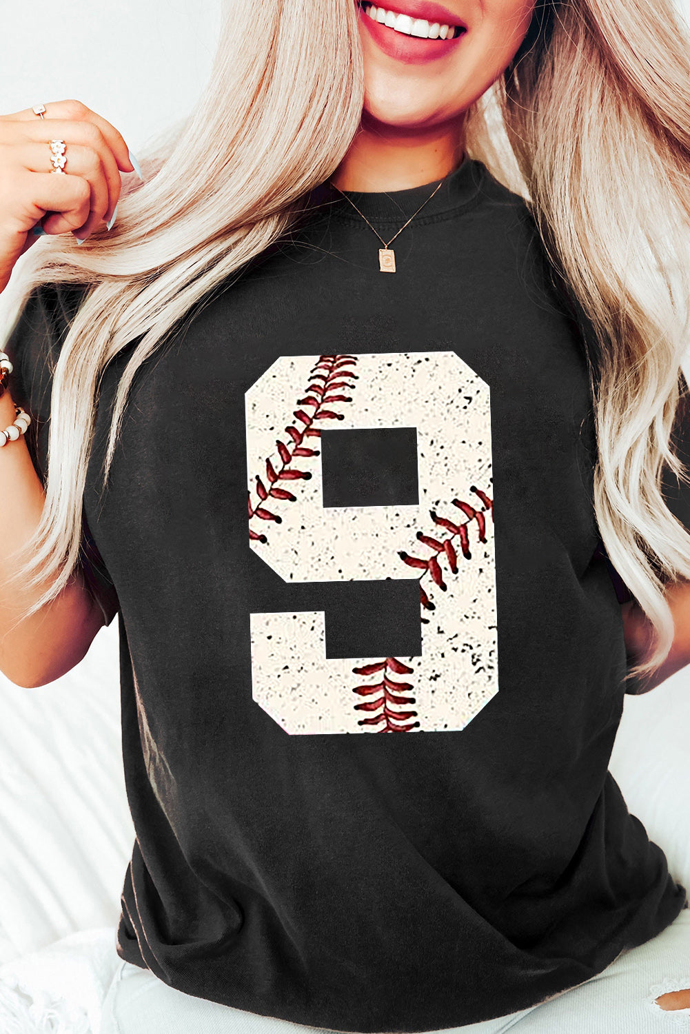 Black Game Day Number 9 Baseball Pattern Heat Transfer Printing Oversize Tee
