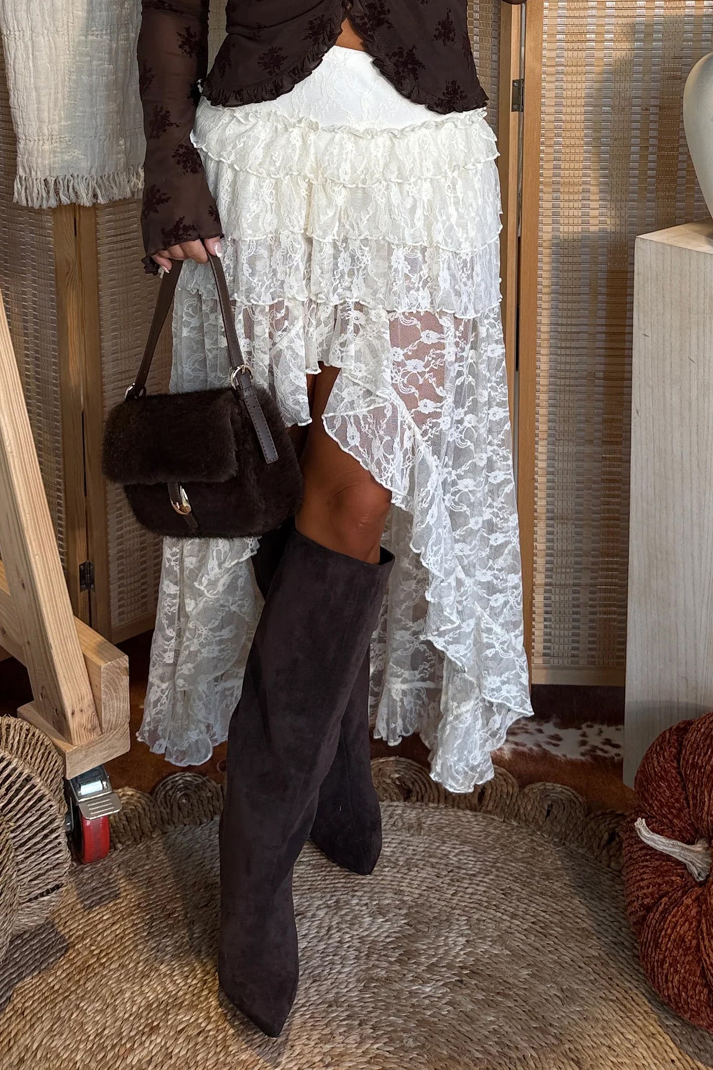 White Sheer Lace Overlay Frilly Ruffle Split Long Skirt