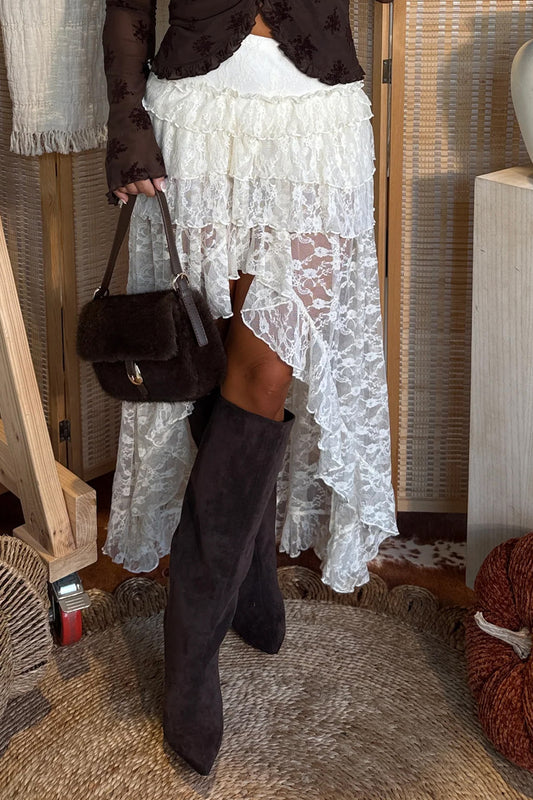 White Sheer Lace Overlay Frilly Ruffle Split Long Skirt