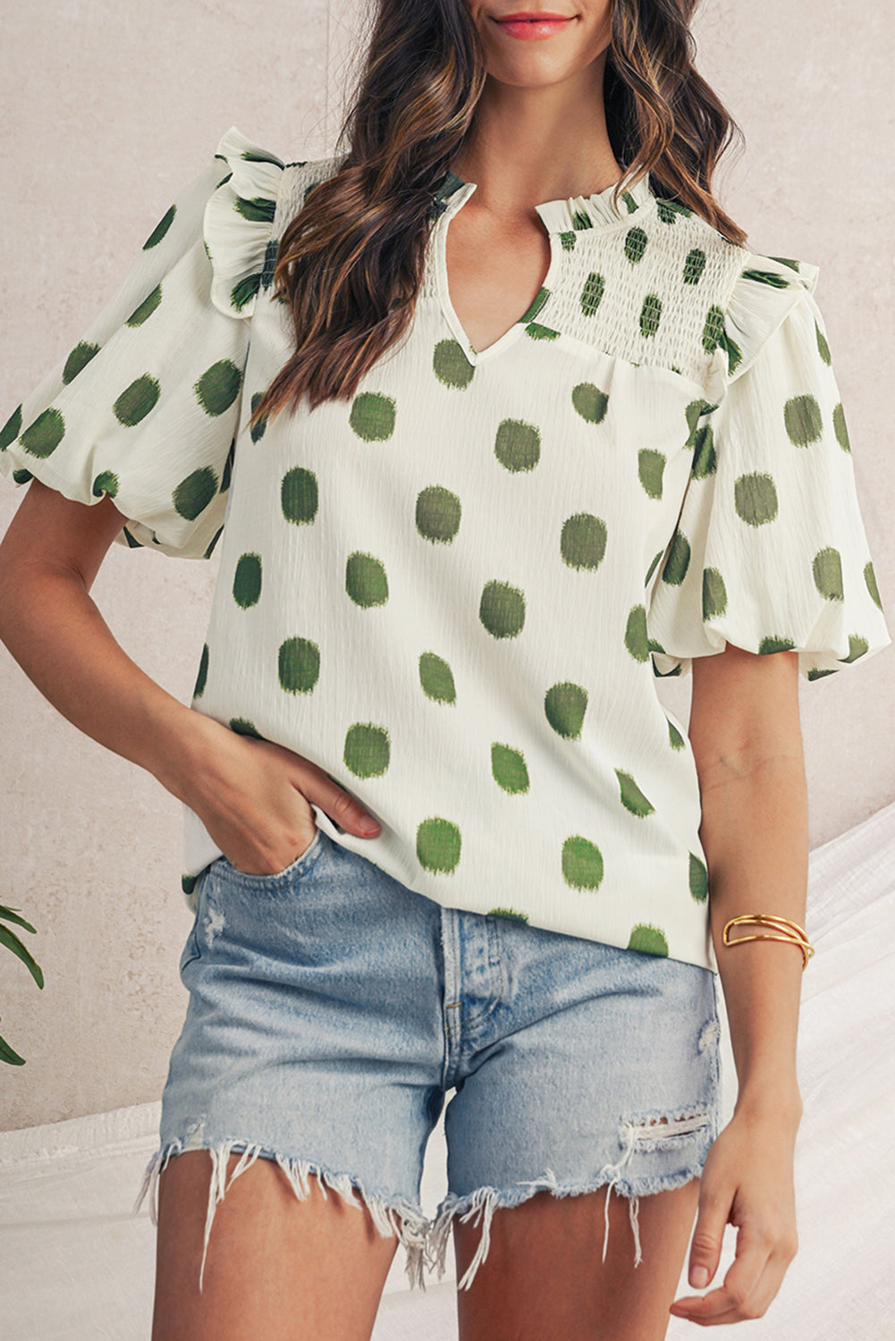 Rose Polka Dot Print Shirred Notched Neck Puff Sleeve Blouse