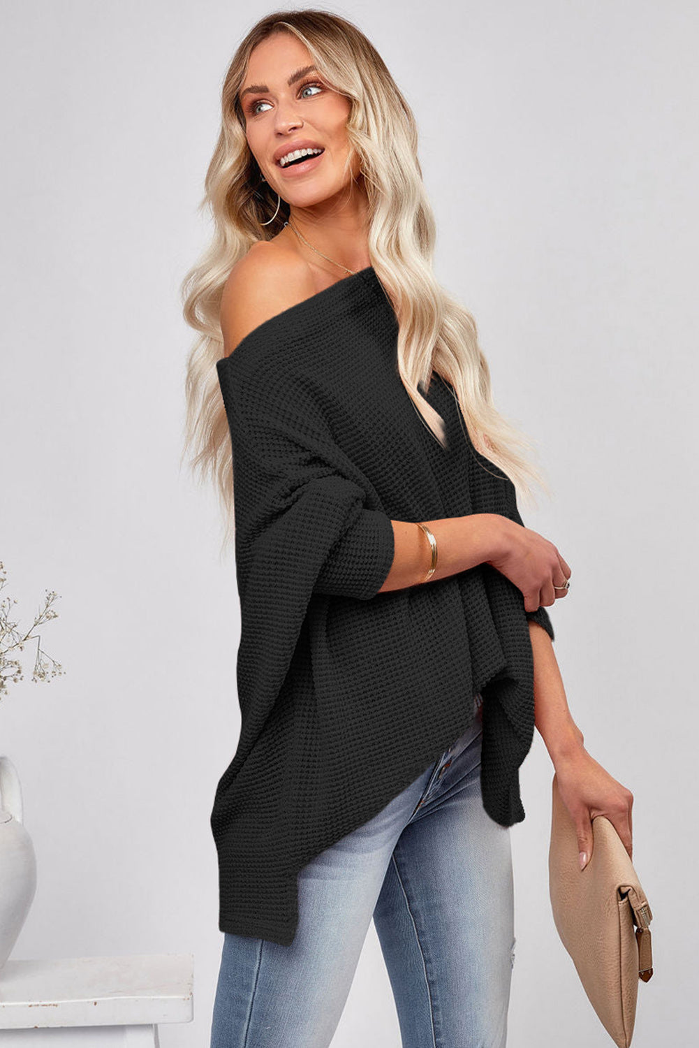 Black Waffle One Shoulder Long Sleeve Knit Top