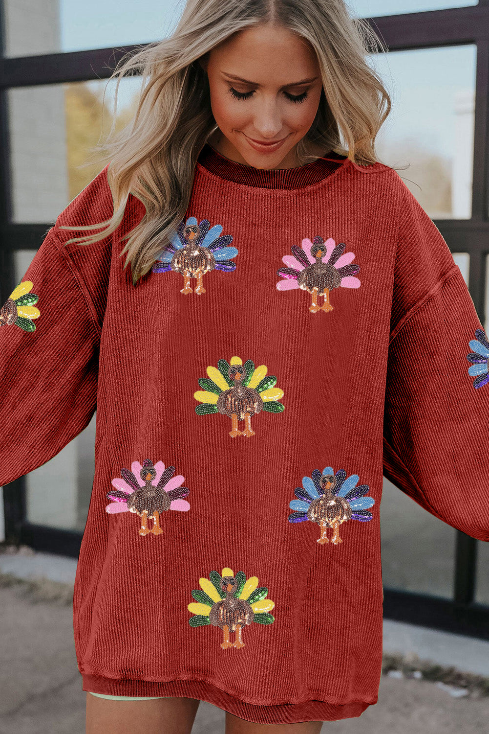 Racing Red Turkey Graphic Sequins Patch Corded Baggy Sweatshirt