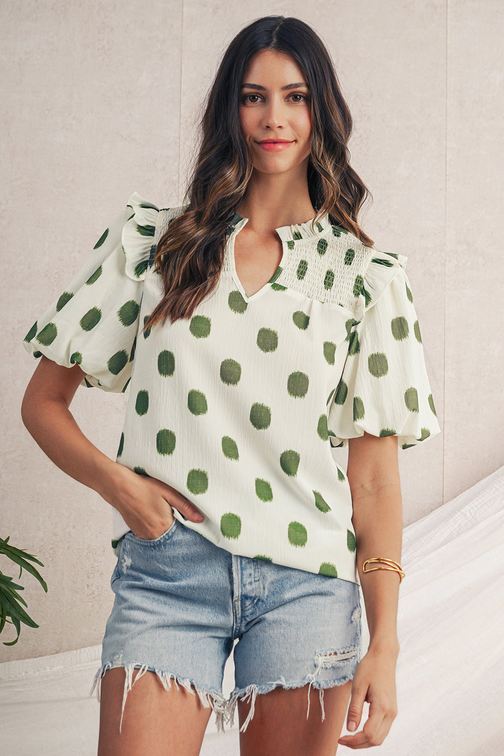 Rose Polka Dot Print Shirred Notched Neck Puff Sleeve Blouse