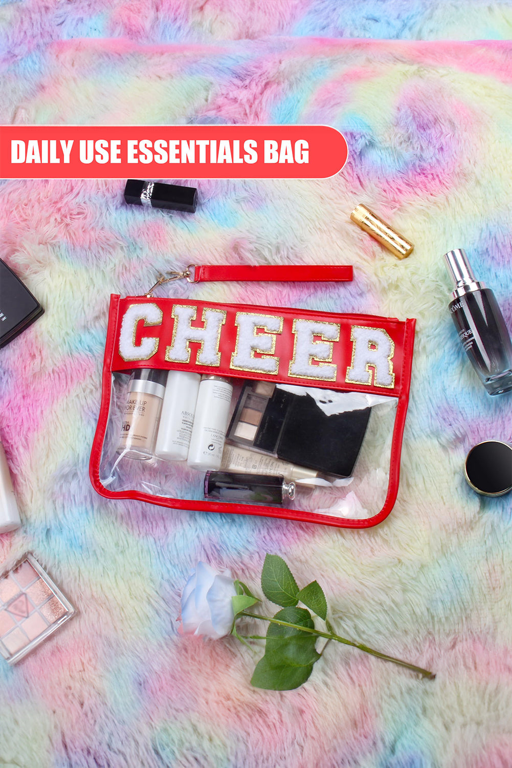 Bright Pink CHEER Chenille Letter Zipper Varsity Clear Makeup Bag