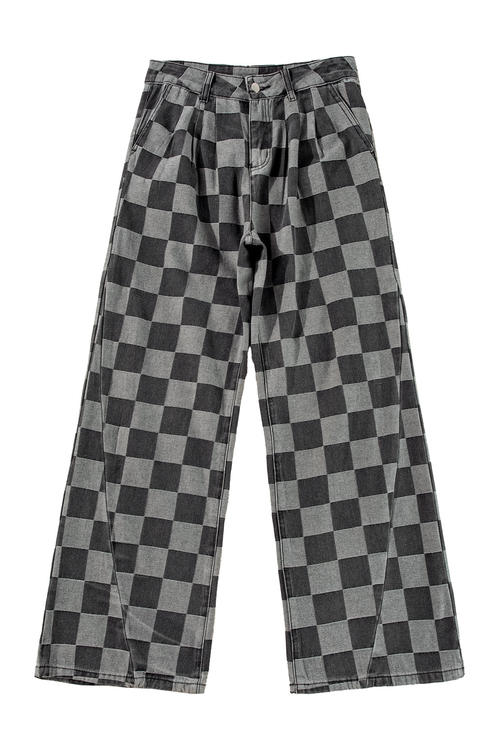 Dark Grey Checkered Light Washed Wide Leg Jeans