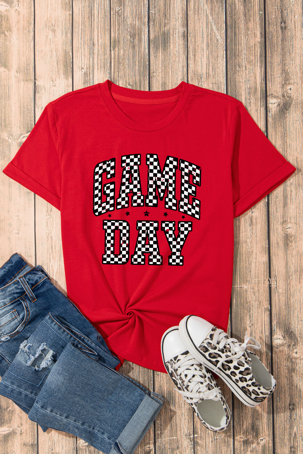 Red Checkered Game Day Heat Transfer Printing Graphic T Shirt