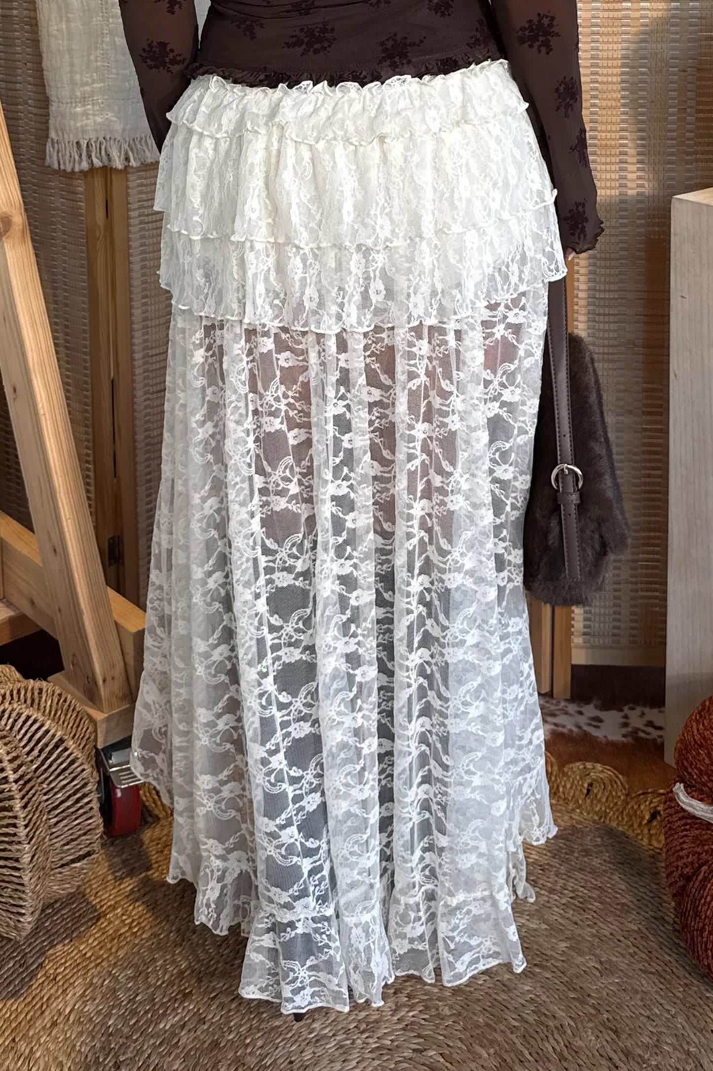 White Sheer Lace Overlay Frilly Ruffle Split Long Skirt