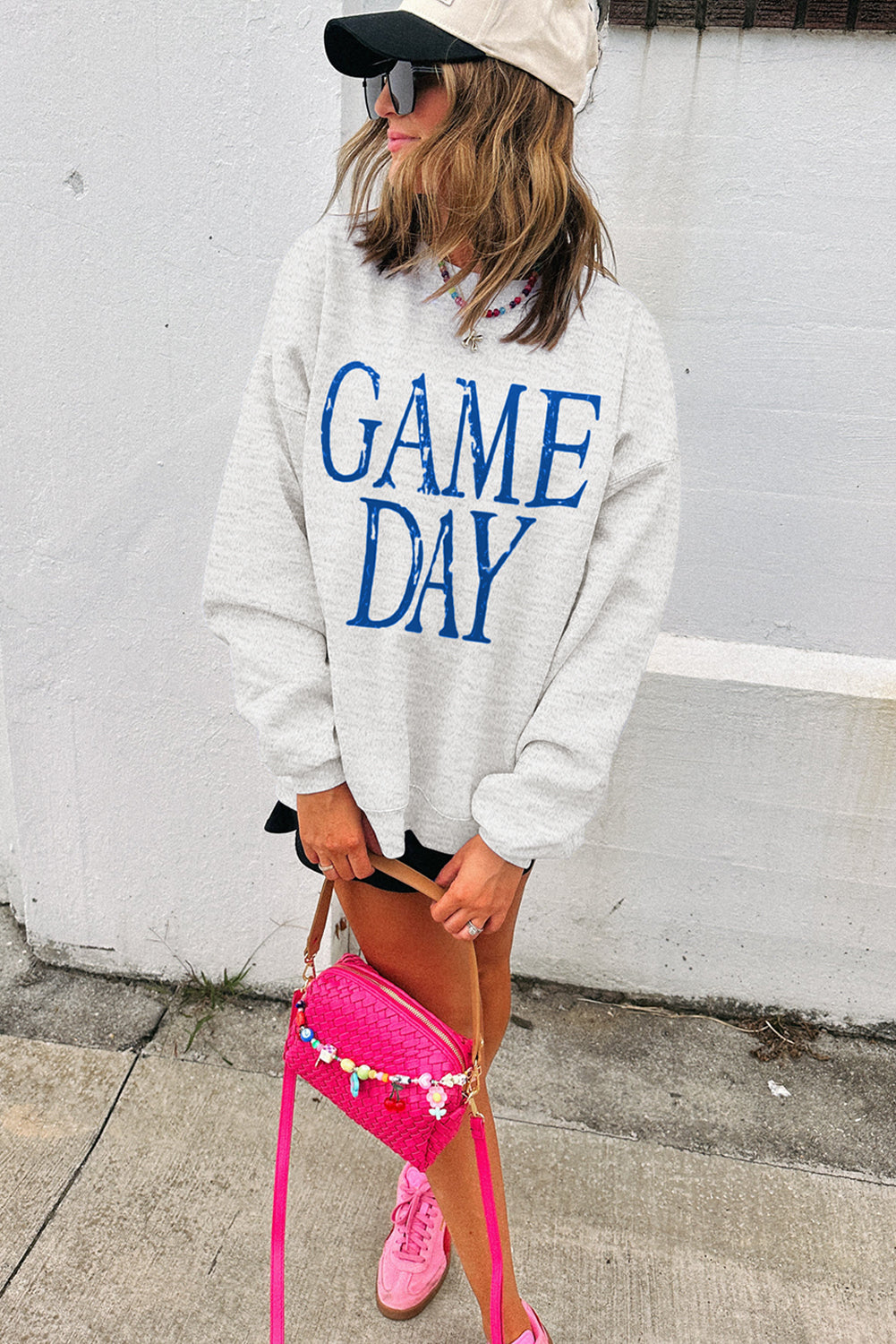 Blue GAME DAY Vintage Washed Letter Graphic Baggy Sweatshirt