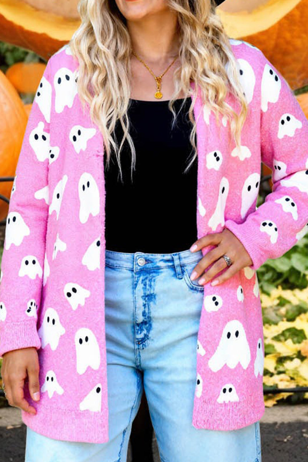 Black Halloween Plaid Ghost Pattern Mid length Knitted Cardigan