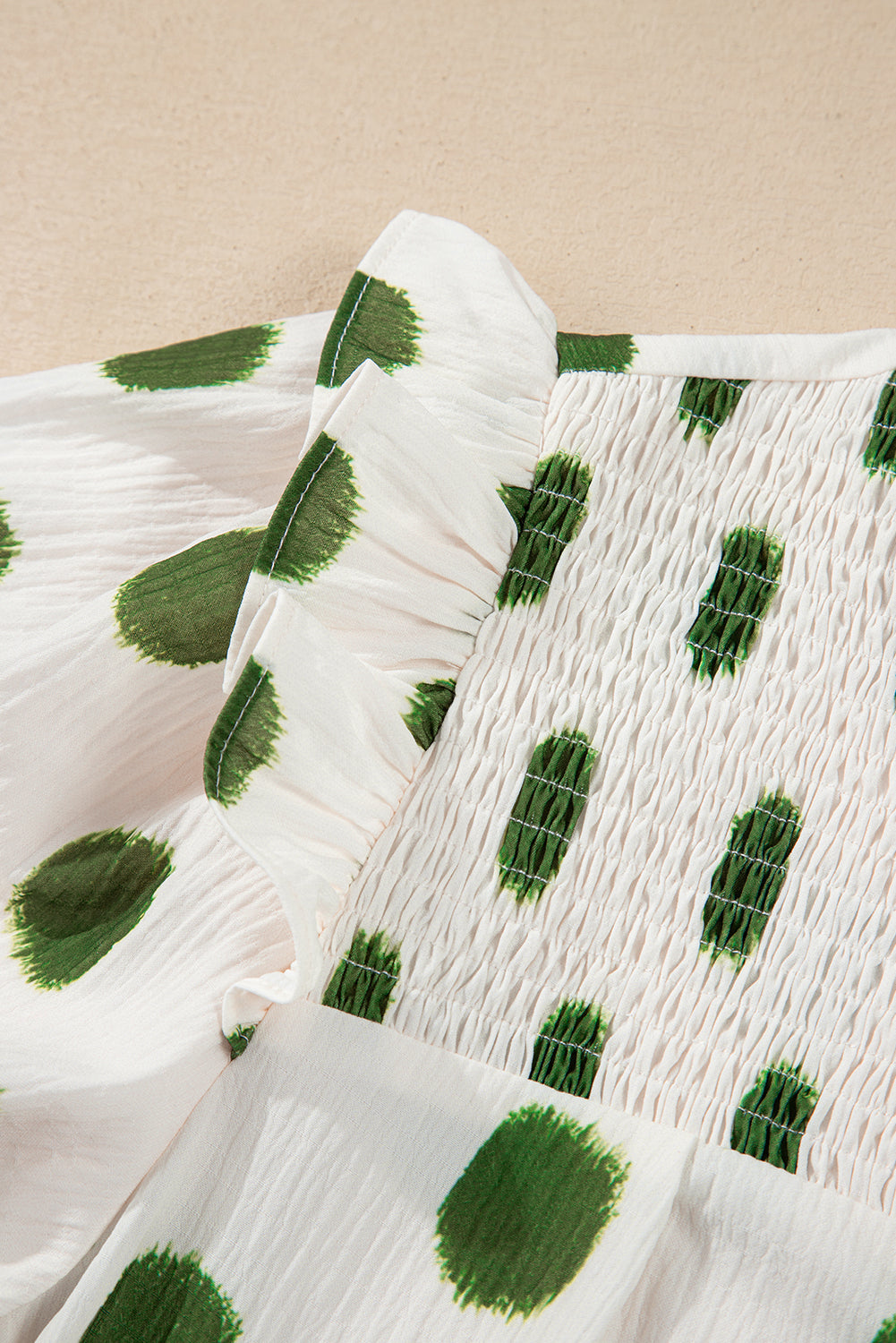 Rose Polka Dot Print Shirred Notched Neck Puff Sleeve Blouse