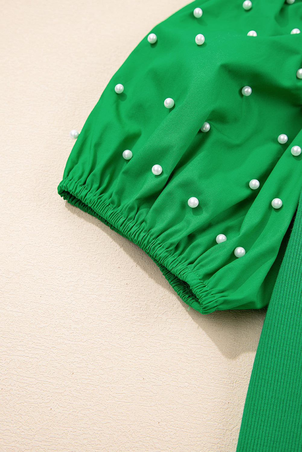 Bright Green Pearl Beaded Puff Sleeve Ribbed Top