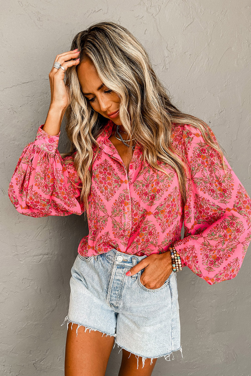 Black Floral Print Collared Button Up Puff Sleeve Shirt
