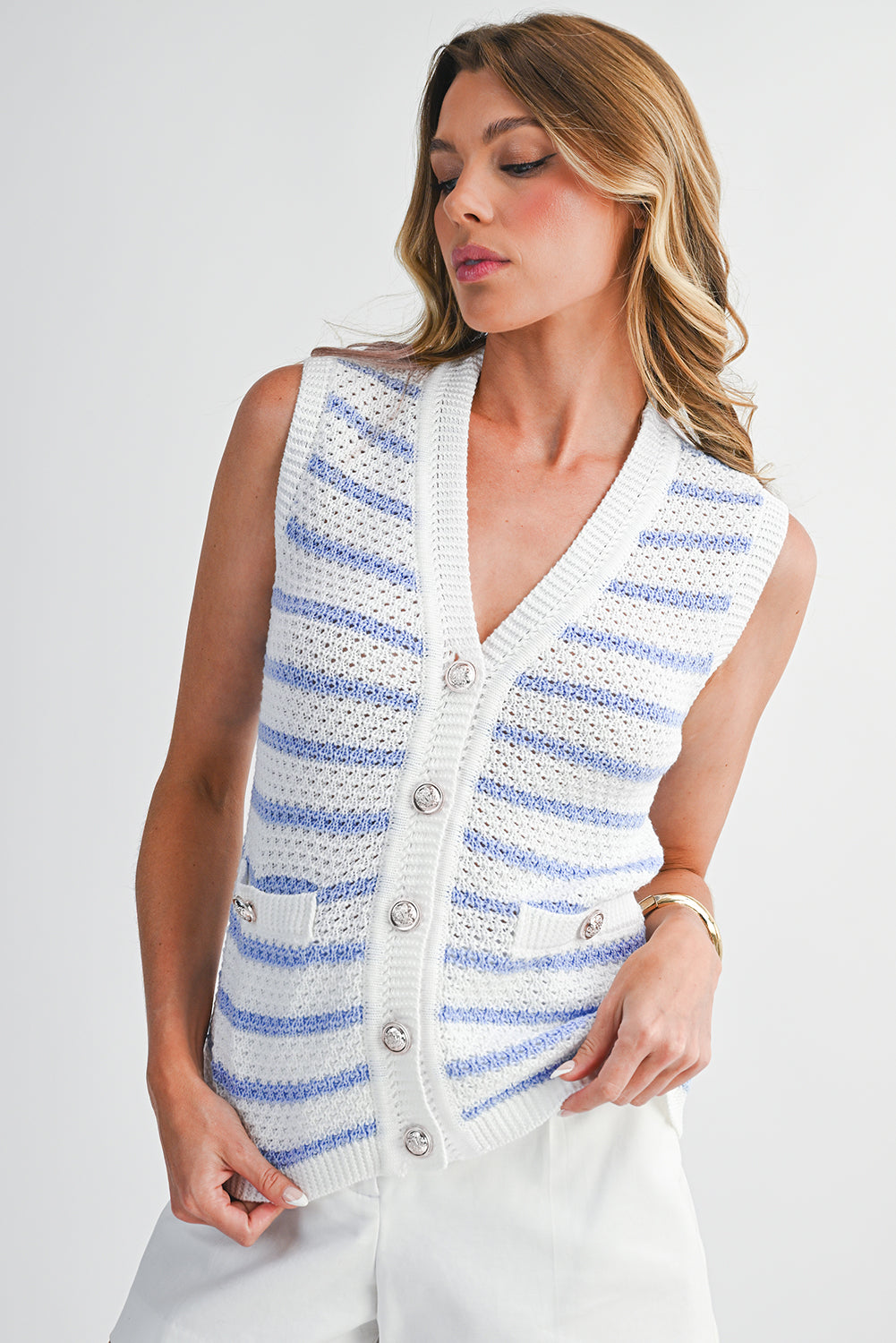 Pink Striped V Neck Button Knit Vest