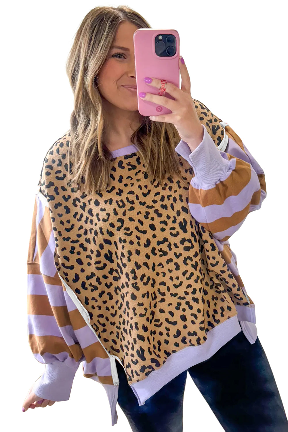 Khaki Striped Leopard Colorblock Side Slits Sweatshirt