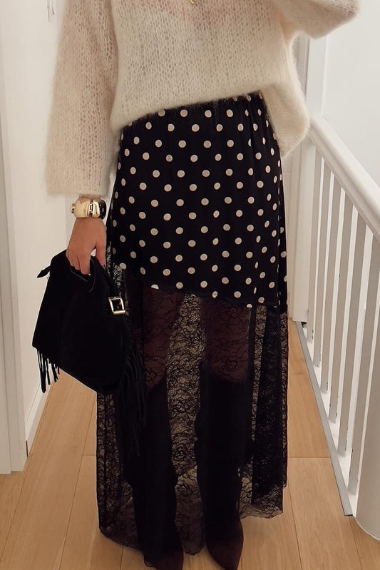 Black Asymmetric Polka Dot Print Sheer Lace Patchwork Maxi Skirt