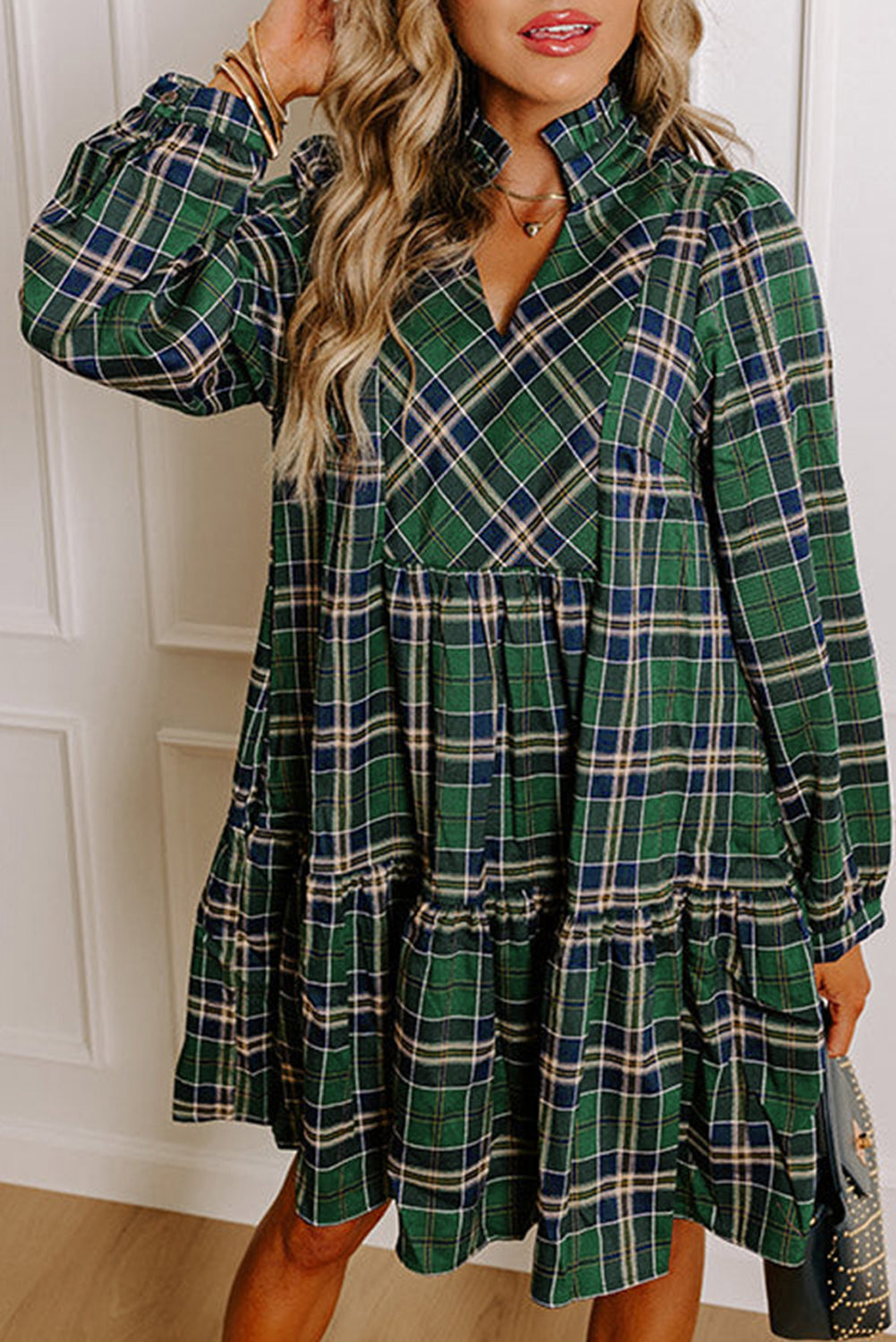 Green Plaid Print Frill Neck Long Sleeve Mini Dress