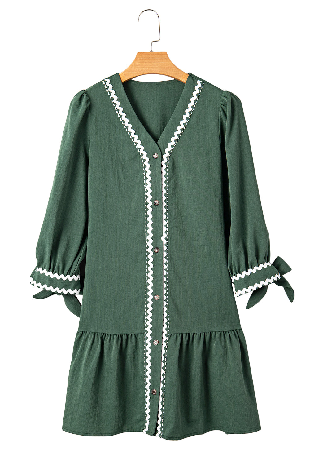 Canton Contrast Ricrac Trim Button V Neck Knotted Bracelet Sleeve Dress