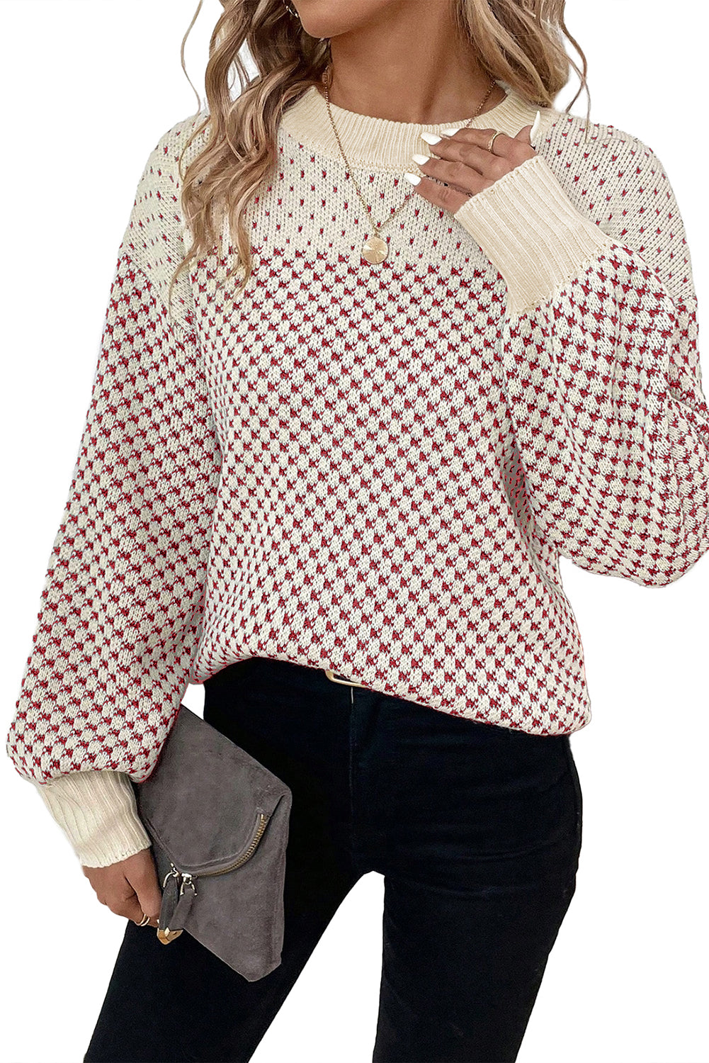 Red Colorblock Bishop Sleeve Knit Sweater