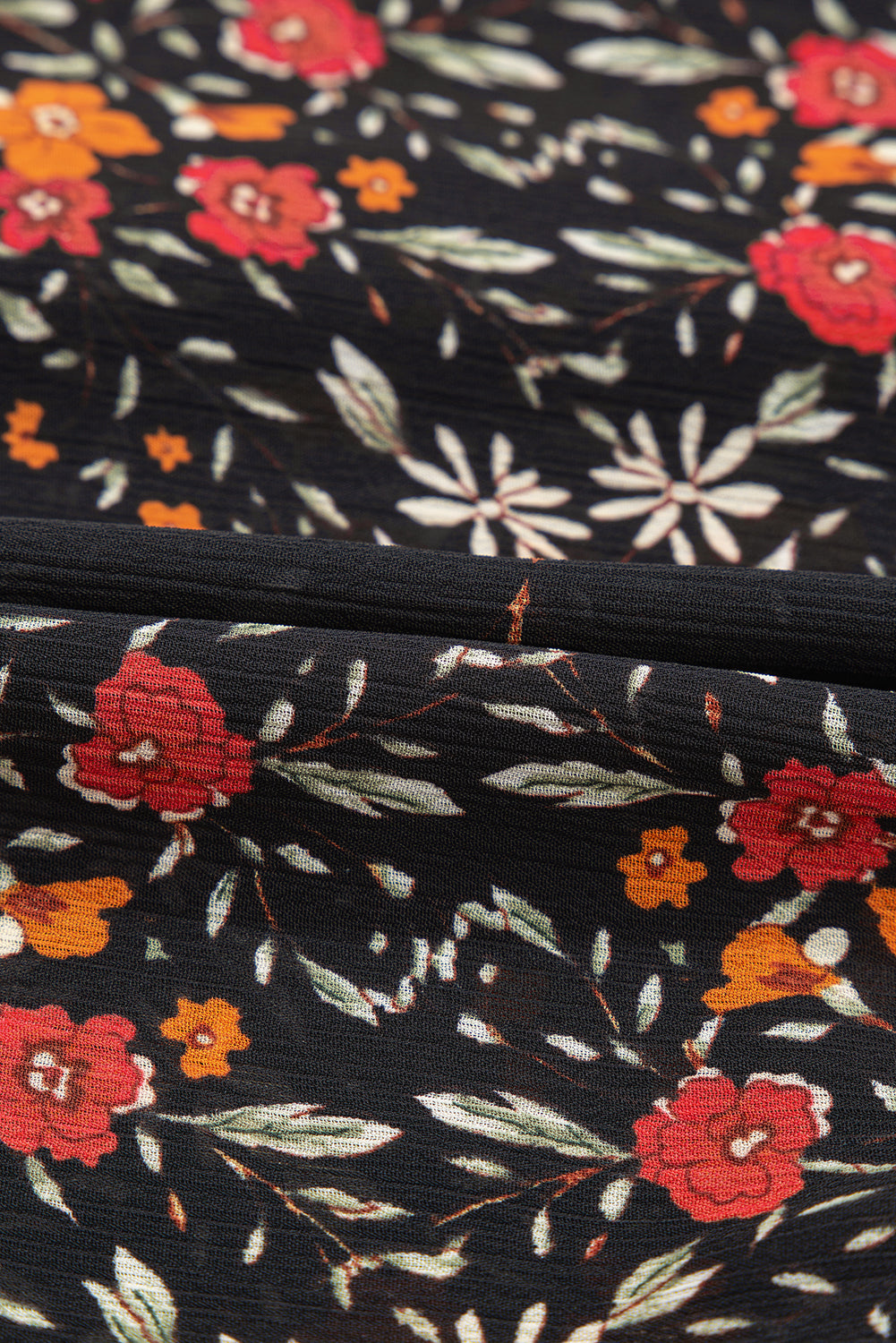 Black Floral Print Collared Button Up Puff Sleeve Shirt