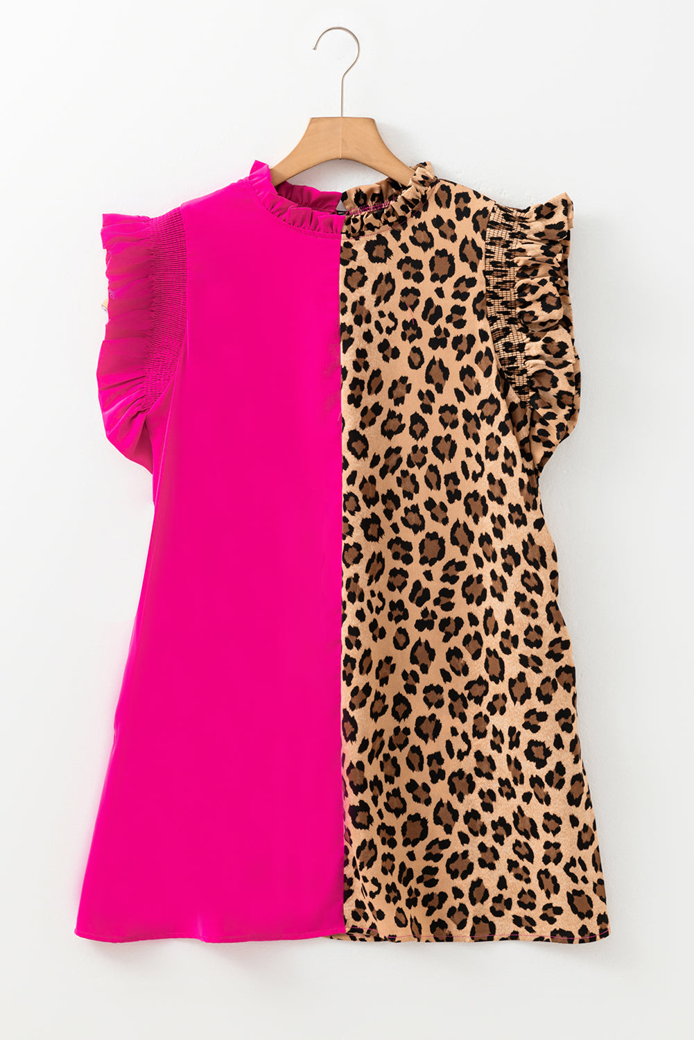 Rose Red Leopard Contrast Patchwork Ruffled Sleeve Short Shift Dress