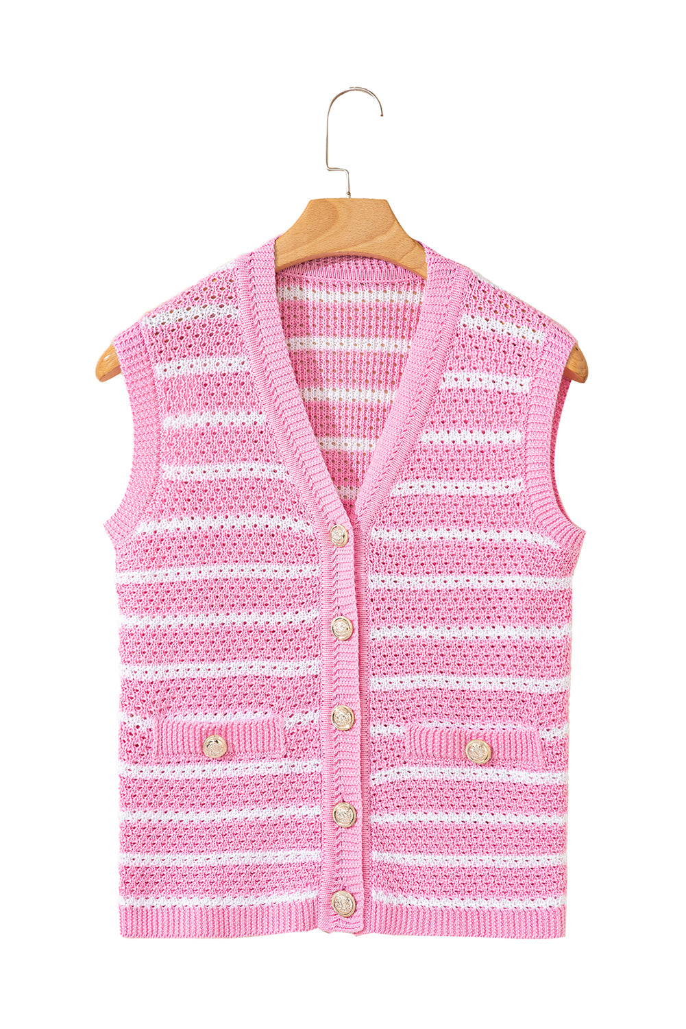 Pink Striped V Neck Button Knit Vest